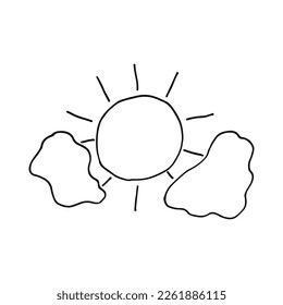 Sun, sunbeams and clouds in the sky. Happy day. Doodle. Vector illustration. Hand drawn. Outline.