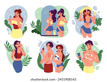 Sun sunburn. Heat body skin care. Sunbathing people at beach. Woman applying moisturizing cream. SPF cosmetic lotion. Exposure dehydration. Sunstroke protection. Hot summer weather. Vector tidy set