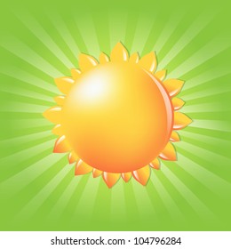 Sun With Sunburst, Isolated On Green Background, Vector Illustration