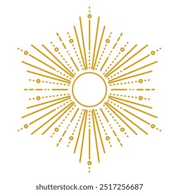 Sun, sunburst, light rays in line art. Sunburst. Boho style, modern minimalist bohemian design. Firework, sunbeam, explosion, sparks, sun rays, star light