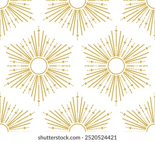 Sol, rayos de sol, rayos de luz en el arte de la línea. Estilo boho, moderno patrón bohemio sin fisuras minimalista. Fuegos artificiales, rayo de sol, explosión, chispas, rayos de sol, luz de la estrella