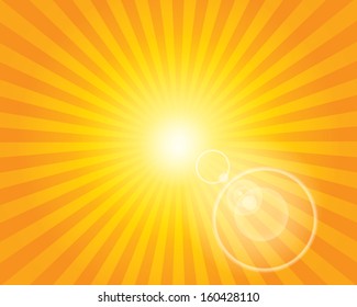 Sun Sunburst Pattern with lens flare. Orange sky background. Vector illustration.