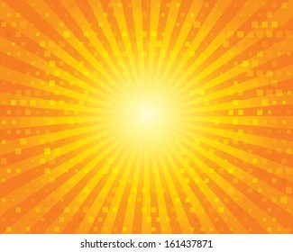 Sun Sunburst Pattern with squares. Orange sky background. Vector illustration.