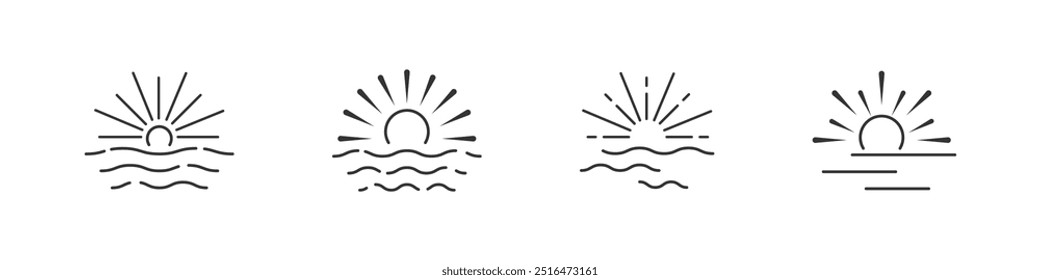 Sun and sunburst. Sunset in Boho style. Sunburst line vector set. Vector illustration.