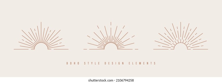 Sun and sunburst symbol in Bohemian style. Astrology, mystery and esoteric symbols in Boho style. Sun and sunset linear icons in Boho style. Vector