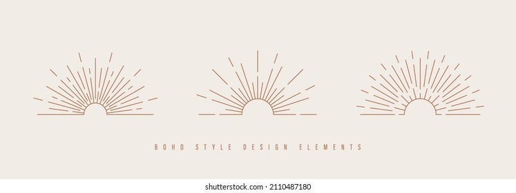 Sun and sunburst symbol in Bohemian style. Astrology, mystery and esoteric symbols in Boho style. Sun and sunset linear icons in Boho style. Vector