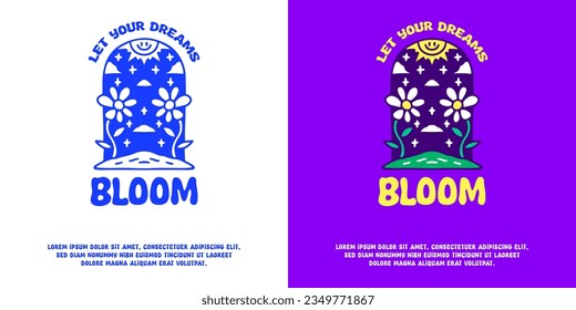 Sun and sunflowers landscape with let your dreams bloom typography, illustration for logo, t-shirt, sticker, or apparel merchandise. With doodle, retro, groovy, and cartoon style.