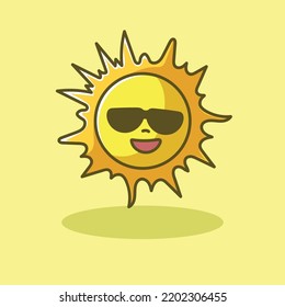 Sun With Sunglass Cartoon Mascot Vector Design Flat Cute Smile Expression Beach Sea