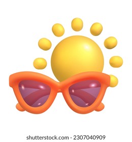 Sonne mit Sonnenbrille 3D-Vektorgrafik. Sonniger Tag am Wochenende oder Feiertag im Cartoon-Stil einzeln auf weißem Hintergrund. Wettervorhersage, Meteorologie, Sommerkonzept