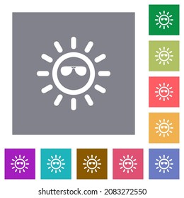 Sun with sunglasses flat icons on simple color square backgrounds
