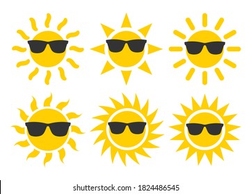 El sol y las gafas de sol de estilo plano con el tiempo y la puesta de sol. Colección de símbolos del logotipo de previsión. Imagen de la ilustración del vector. Aislado sobre fondo blanco.	
