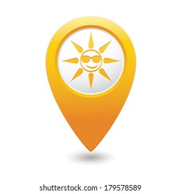 Sun in sunglasses icon on map pointer, vector illustration.