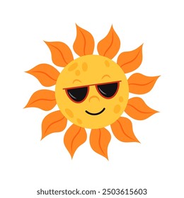 Sun in sunglasses on a white background. Funny sun face icon. Summer recreation, travelling. Summer vibe. Flat style illustration.