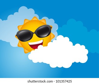 sun with sunglasses over sky with cloud. vector illustration