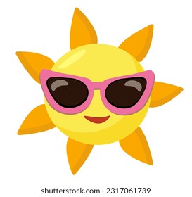 Sonne mit Sonnenbrille und Lächeln. Cartoon-Symbol, Aufkleber, Logo, Zeichen sommerliche Vektorgrafik.