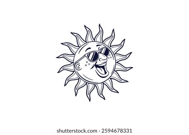 sun with sunglasses summer vibes silhouette line art vector illustration