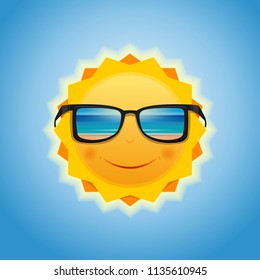 The sun in sunglasses, which reflects the sea and the beach. Smiling sun with sunglasses. Summer sun against the sky. Vector illustration