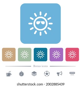 Sun with sunglasses white flat icons on color rounded square backgrounds. 6 bonus icons included