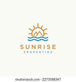 Sun sunrise with beach ocean sea water line art logo design icon vector 