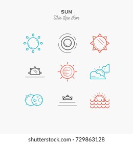 sun, sunrise, sunset, solar eclipse and more, thin line color icons set, vector illustration