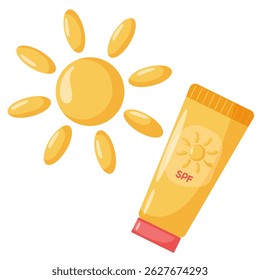 Sun and Sunscreen tube cream, lotion. Summer time set. Vector illustrations, summer vacation, beach elements. Isolated on white background