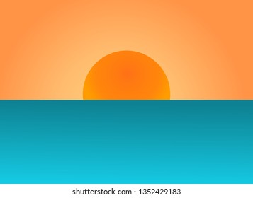 Sun sunset over sea. Vintage poster background. Vector illustration.