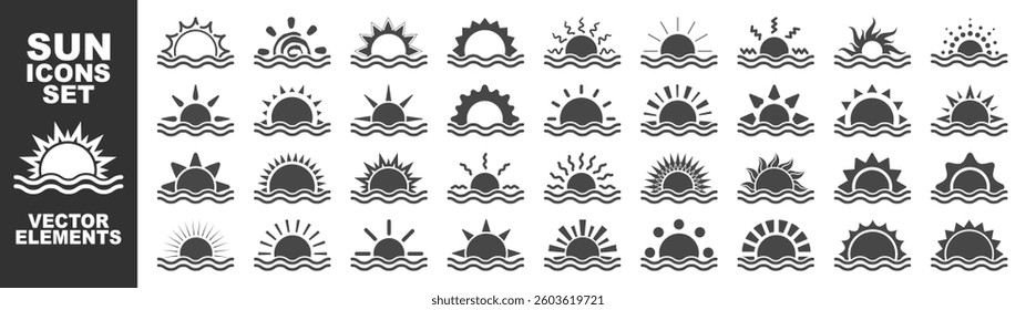 Sun and sunset sunset with sea wave icon set isolated on transparent. Shine sun ray set. Flat simple sun, hot summer weather symbol