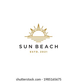 sun sunset sunrise with beach ocean sea water logo icon vector in trendy hipster luxury line art