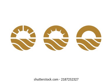 sun sunset sunrise with beach ocean sea water logo design vector icon