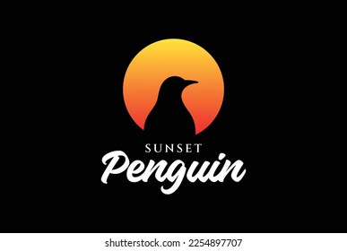 Sun Sunset Sunrise Penguin Bird Silhouette auf schwarzem Hintergrund Logo Symbol Illustration Vektorgrafik