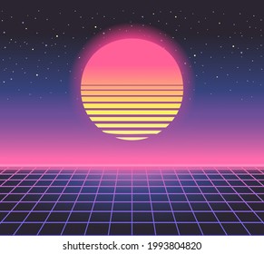 Sun, sunset, sunrise. Retrowave, synthwave, rave, vapor wave, cyberpunk party background. Light grid landscape. Retro, vintage 1980s, 1990s. Black, purple, pink, blue neon color. Banner, print, poster