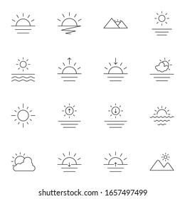 sun, sunset, sunrise and sea icon set. simple sunset and sunrise thin outline icon sign concept. vector illustration.