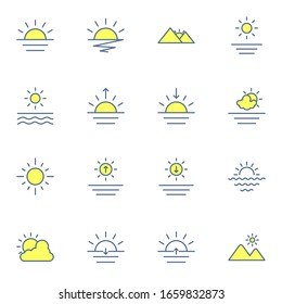 sun, sunset, sunrise and sea icon set. simple sunset and sunrise colored outline icon sign concept. vector illustration.