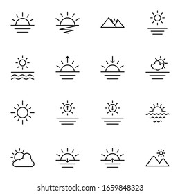 sun, sunset, sunrise and sea icon set. simple sunset and sunrise outline icon sign concept. vector illustration.