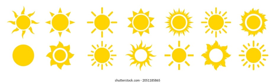 Sun sunshine set vector icons. Flat modern shining symbols collection. Shine sun ray logo or sing. Solar summer icon isolated. Vector illustration.