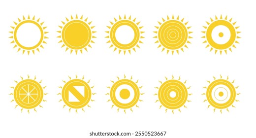 Sun sunshine set vector icons. Flat modern shining symbols collection. Shine sun ray logo or sing. Solar summer icon isolated