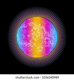Sun, sunshine, sunlight. Moon, moonlight. Earth satellite. Space, monthly cycle. Poster. Vector illustration, cosmic Tattoo. Lunar disk, symbol, mascot. Mysticism. Planet, fireball, sphere, ball. 