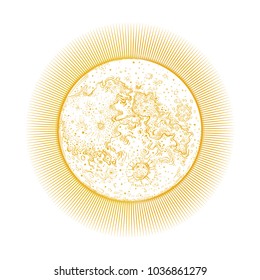 Sun, sunshine, sunlight. Moon, moonlight. Earth satellite. Space, monthly cycle. Poster. Vector illustration, cosmic Tattoo. Lunar disk, symbol, mascot. Mysticism. Planet, fireball, sphere, ball. 
