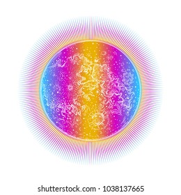 Sun, sunshine, sunlight. Moon, moonlight. Earth satellite. Space, monthly cycle. Poster. Vector illustration, cosmic Tattoo. Lunar disk, symbol, mascot. Mysticism. Planet, fireball, sphere, ball. 