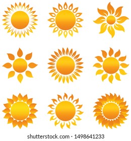 Sun or Sunshine vector with beams on a white isolated background.
In different yellow and orange colors and gradients.