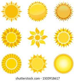 Sun or Sunshine vector with beams on a white isolated background.
In different yellow and orange colors and gradients.
Smooth beams in different sun or sunflower designs.