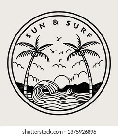 Sun and Surf text with palm trees and waves vector illustrations. For t-shirt prints and other uses