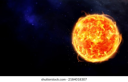 Sun surface with solar flares against dark galaxy starry sky. Vector Sun in Space with Plasma Background. Sun with rays bursts and glow on space background. Fire Planet or Red Planet. Vector EPS10.