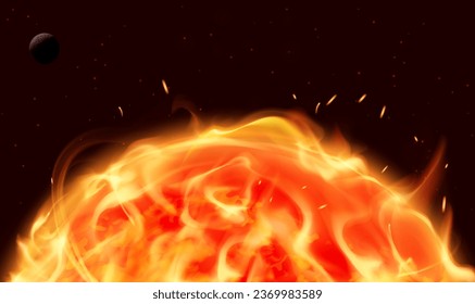 Sun surface with solar flares, with splashes of prominences, Burning of the sun, surface solar explosion. Sun atmosphere with solar flares, fire flame. Abstract scientific background. Vector EPS10.