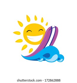 sun surfer. the happy sun rides a surfboard