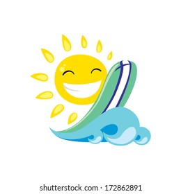 sun surfer. the happy sun rides a surfboard