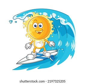 the sun surfing character. cartoon mascot vector