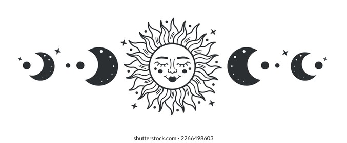 Sun surrounded by crescent moon with moon phases isolated on white background. Sun and moon boho mystical sign for design, logo, tattoo. Bohemian style. Vector stock