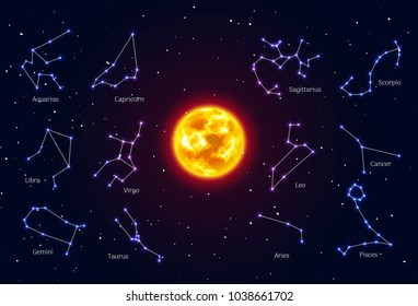 Sun surrounded zodiac signs, night sky background, realistic. Heavenly star in center of horoscope. Vector illustration of stylized ancient images