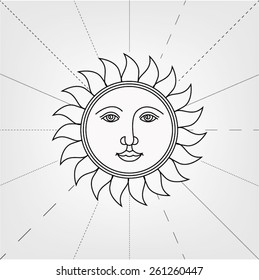 the sun symbol of the ancient engraving drawing lines